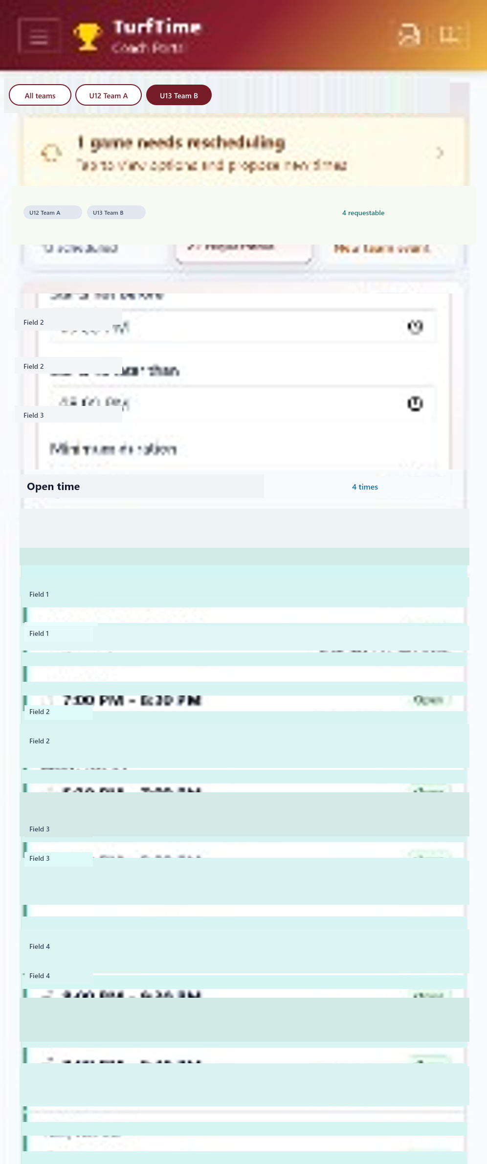 TurfTime Coach Portal — browse available field time to request a booking or a move