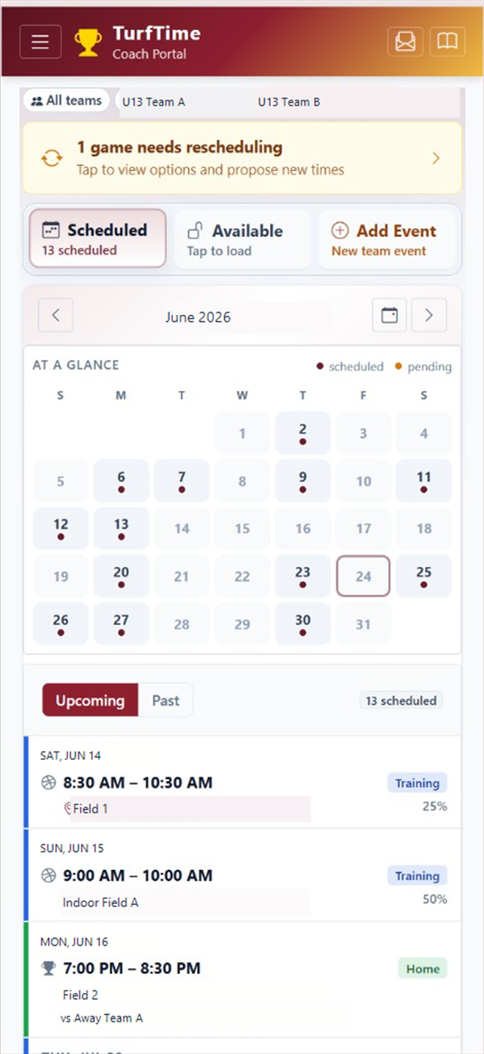 TurfTime Coach Portal on a phone — team schedule, calendar, and rescheduling alert