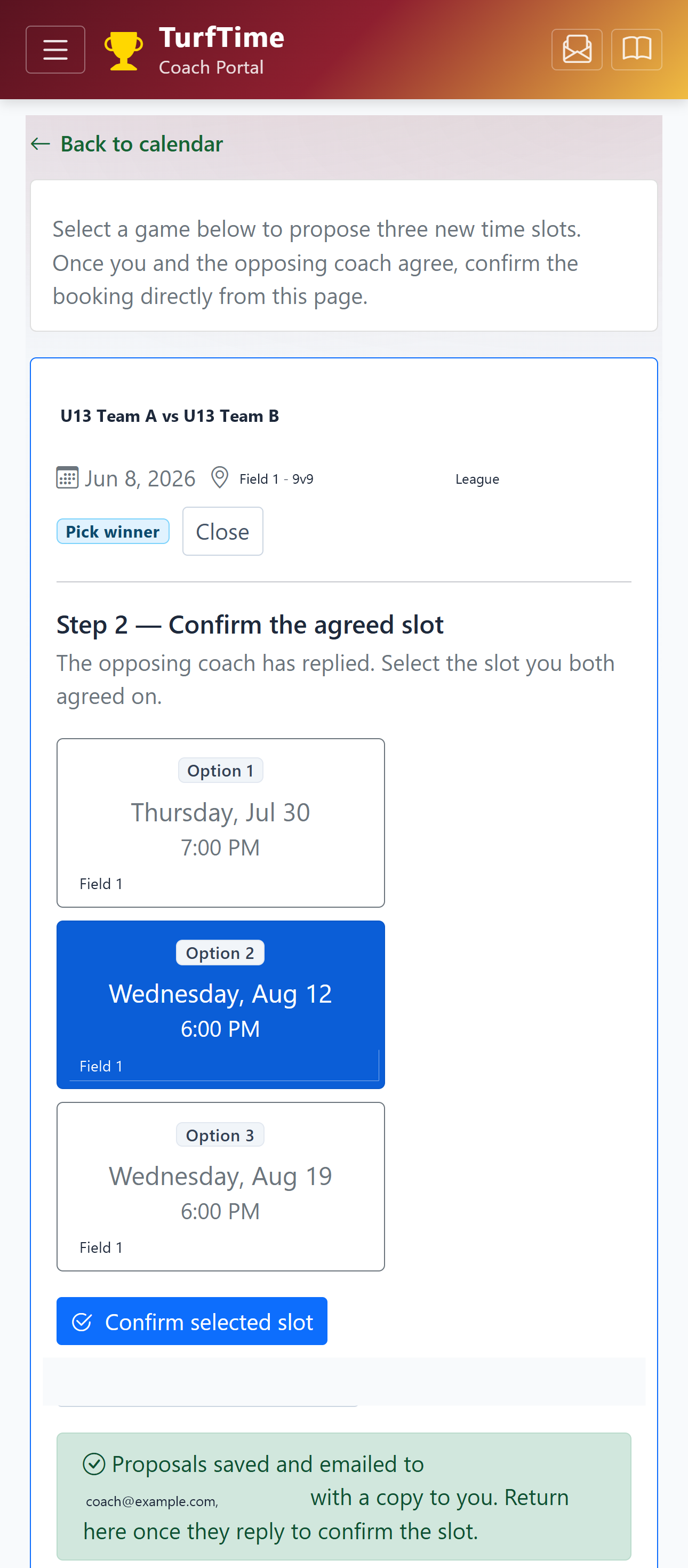 TurfTime Coach Portal — confirm the agreed makeup time and send it to the club scheduler