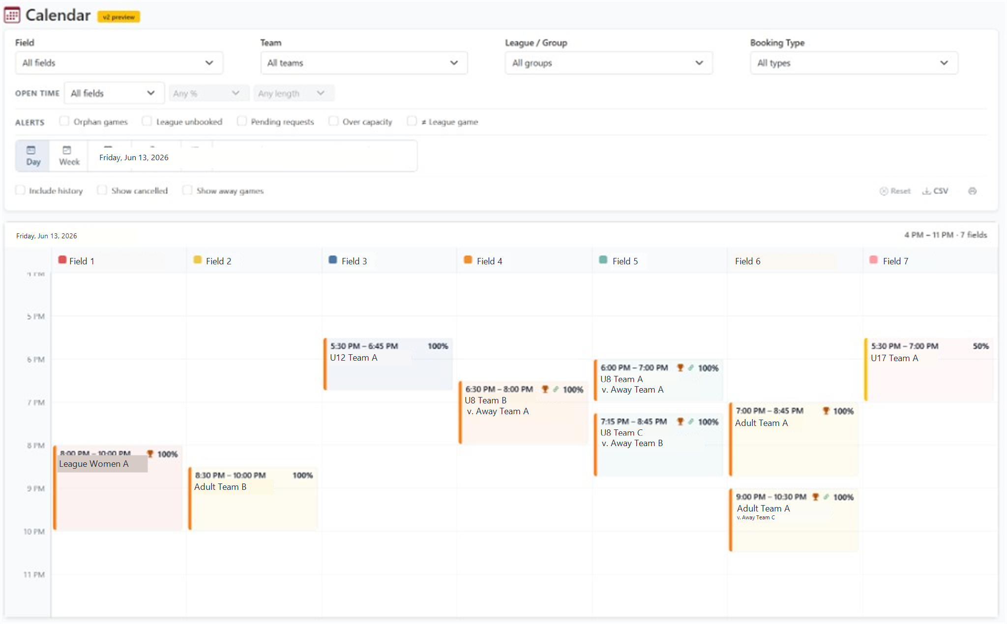 TurfTime field calendar day view showing bookings across multiple fields from afternoon through evening
